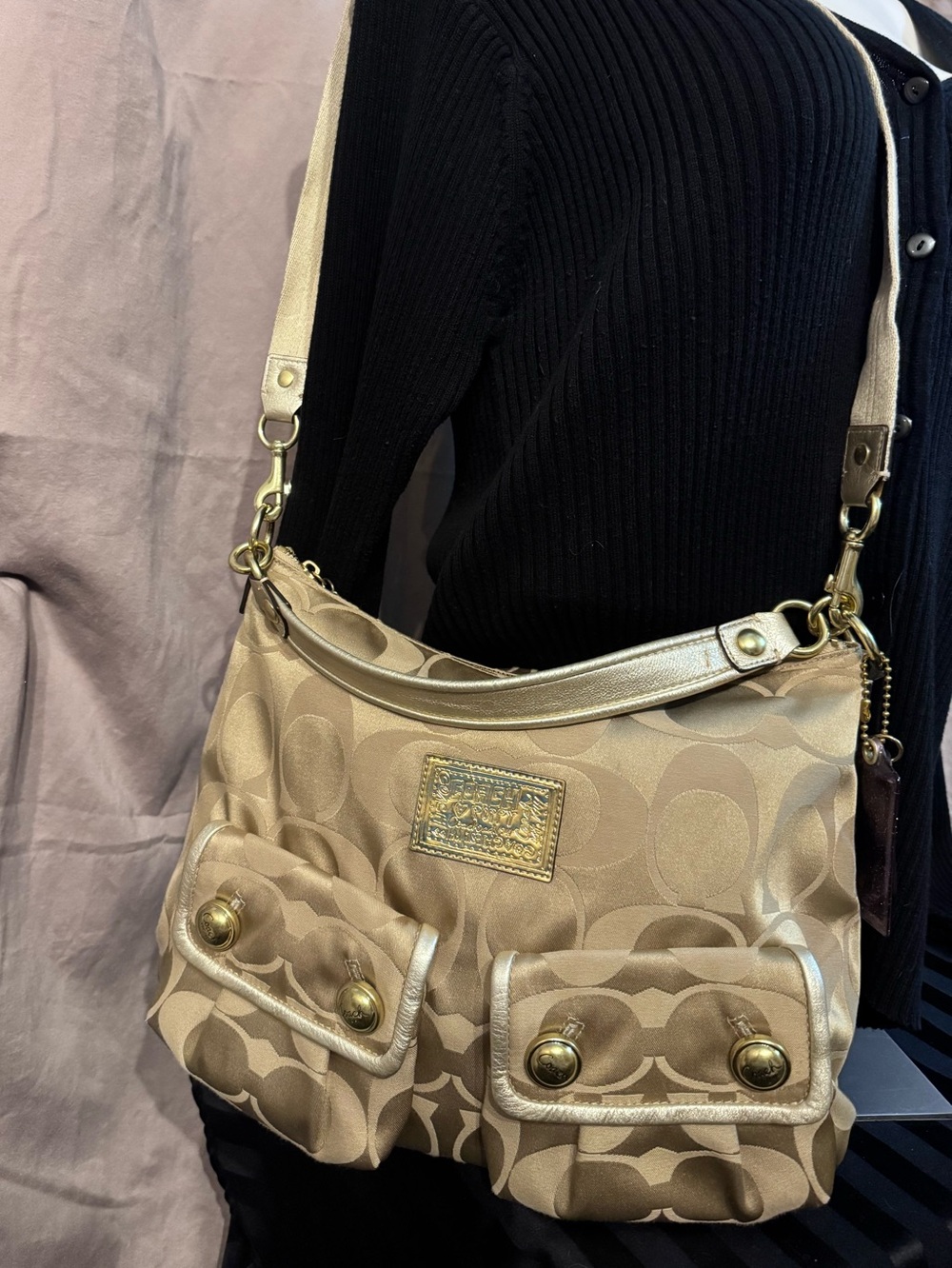Coach Vintage 14570 Metallic Champagne Signature Hobo Bag Dual Straps